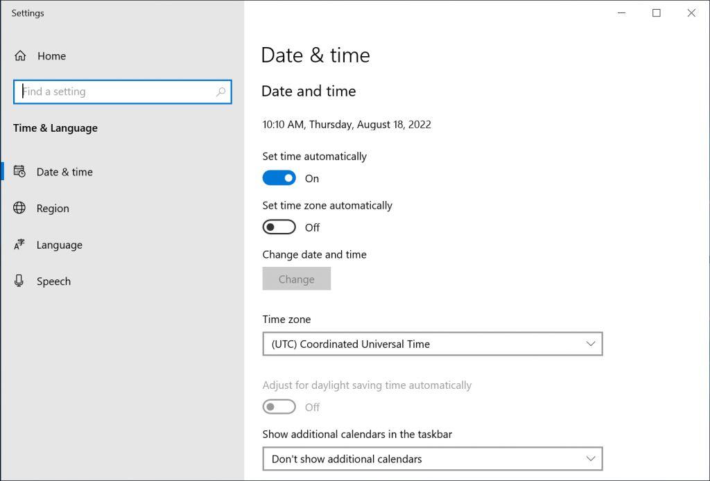 Date & time panel without the possibility to change the Time zone